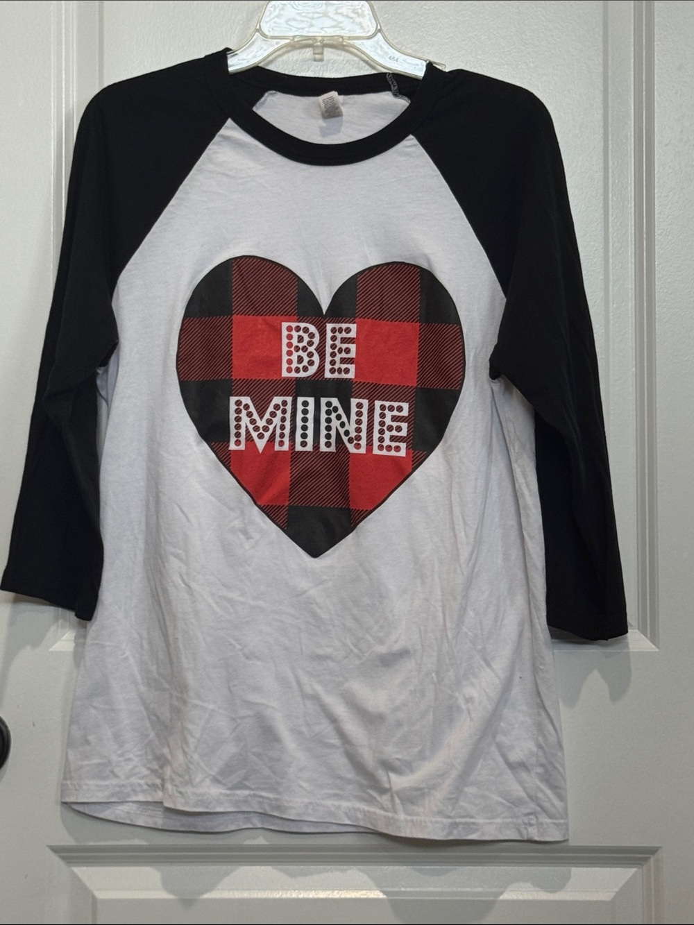Bella Canvas Black & White Raglan Tee with Red Buffalo Plaid Heart "Be Mine"